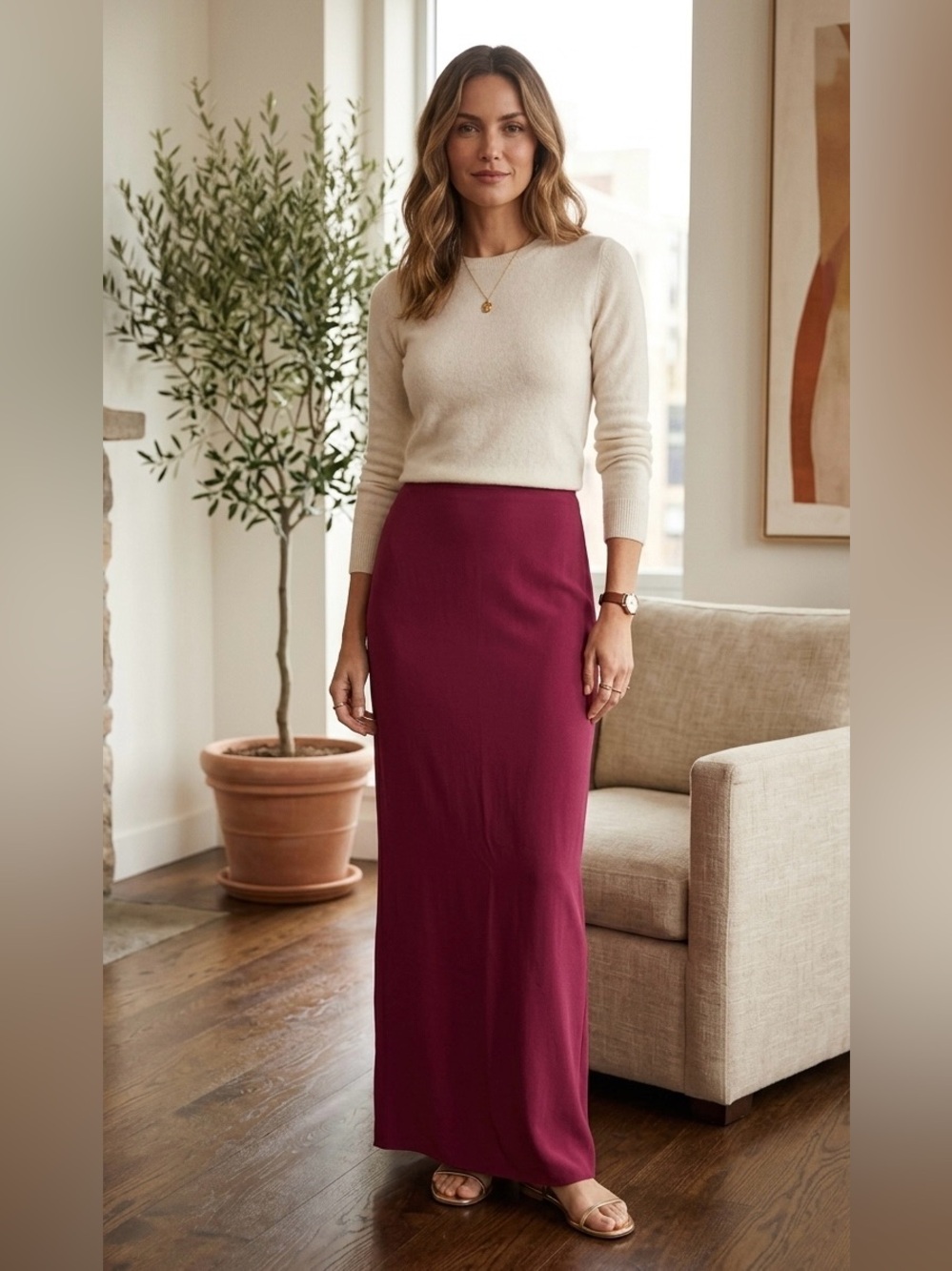 Reformation Bea Maxi skirt in burgundy with back slit size 4